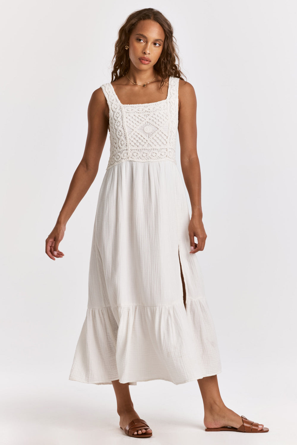 image of a female model wearing a CHASITY EMBROIDERY TANK DRESS WHITE DEAR JOHN DENIM 