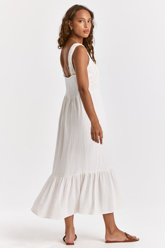 image of a female model wearing a CHASITY EMBROIDERY TANK DRESS WHITE DEAR JOHN DENIM 
