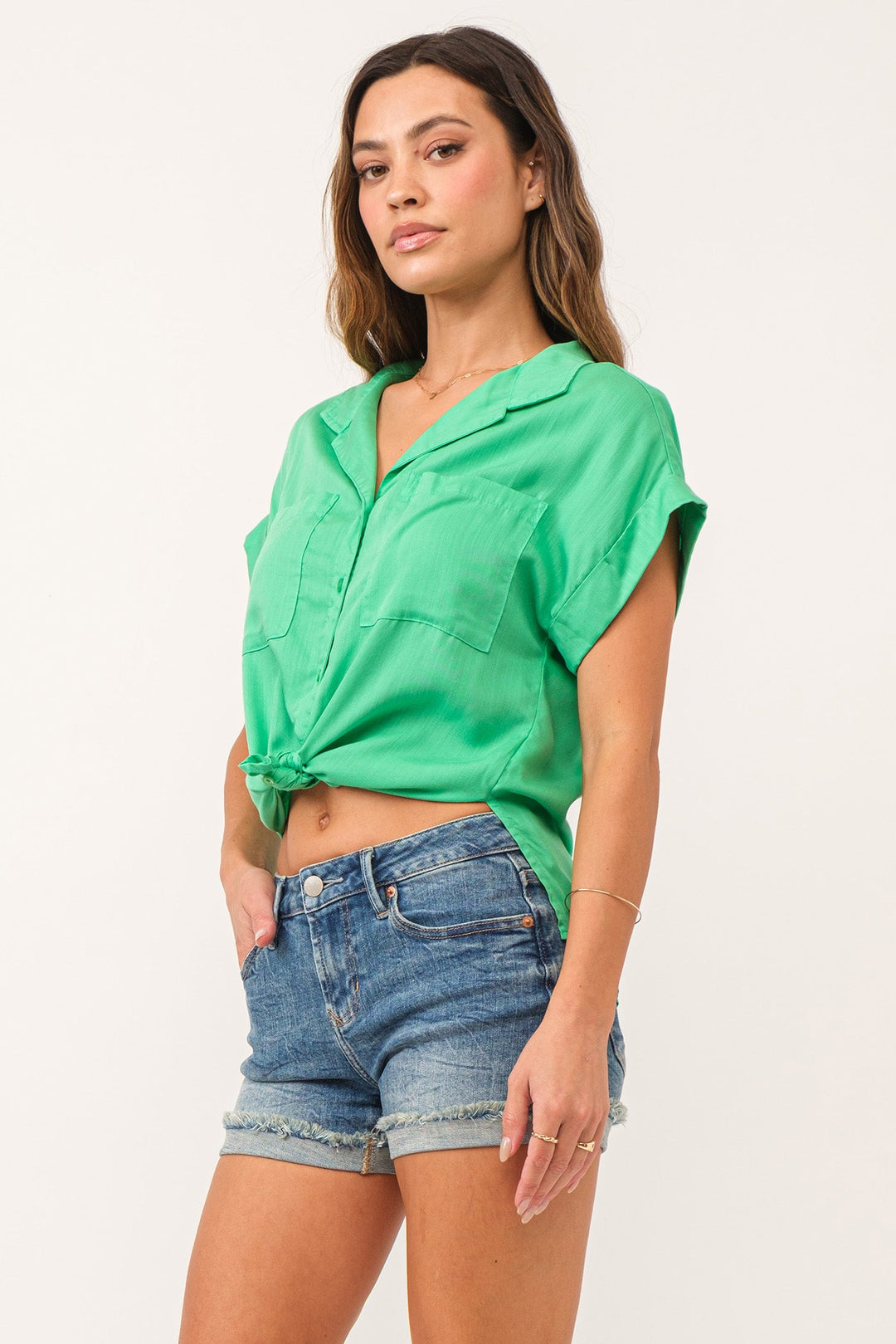 image of a female model wearing a CALI TIE FRONT SHIRT GREEN FLARE DEAR JOHN DENIM 