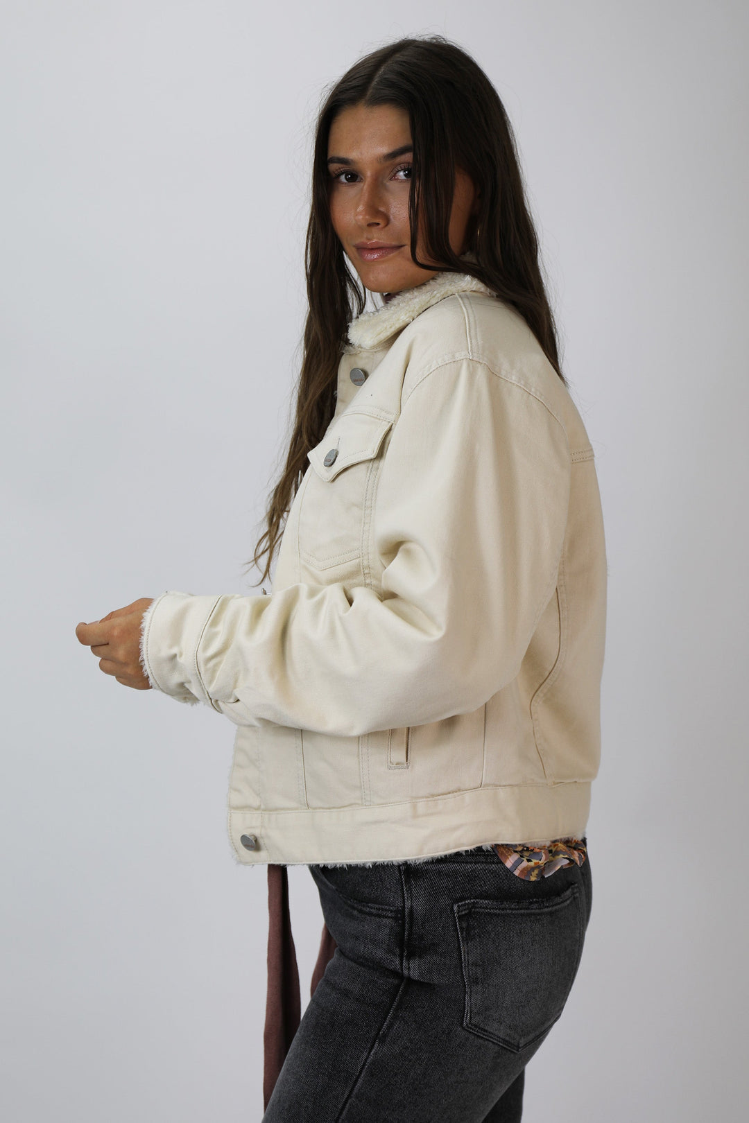 image of a female model wearing a OWEN CROPPED VANILLA ICE JACKET DEAR JOHN DENIM 