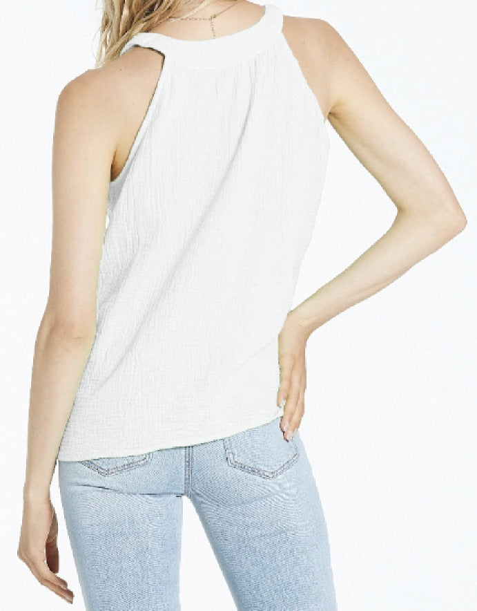 image of a female model wearing a MILEY HALTER NECKLINE TOP WHITE DEAR JOHN DENIM 