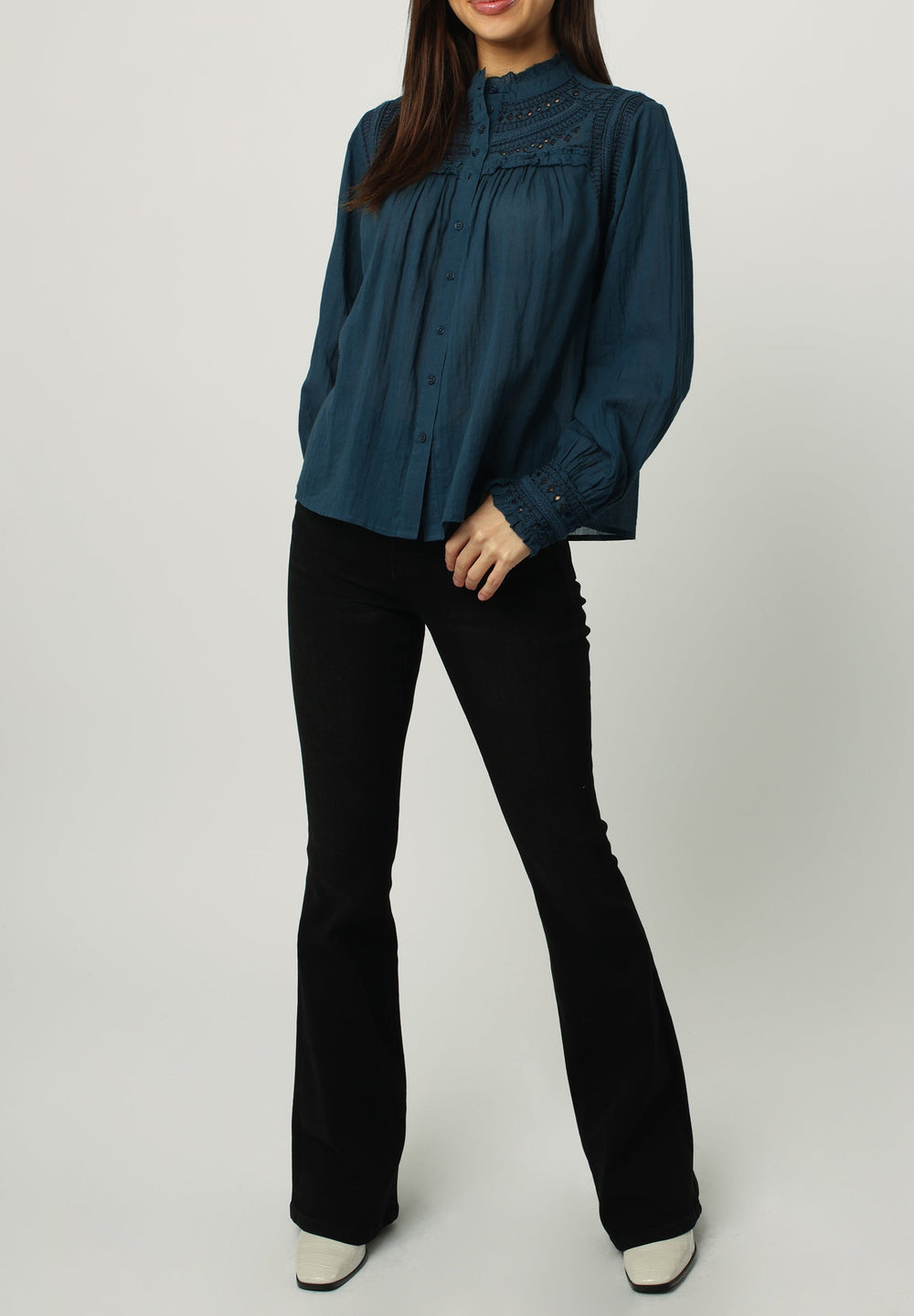 image of a female model wearing a KELLY EMBROIDERY DETAIL SHIRT FRENCH NAVY DEAR JOHN DENIM 