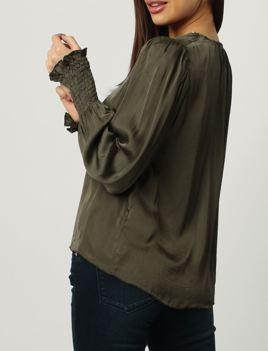 image of a female model wearing a AMELIA RUCHED LONG SLEEVE TOP CYPRESS DEAR JOHN DENIM 