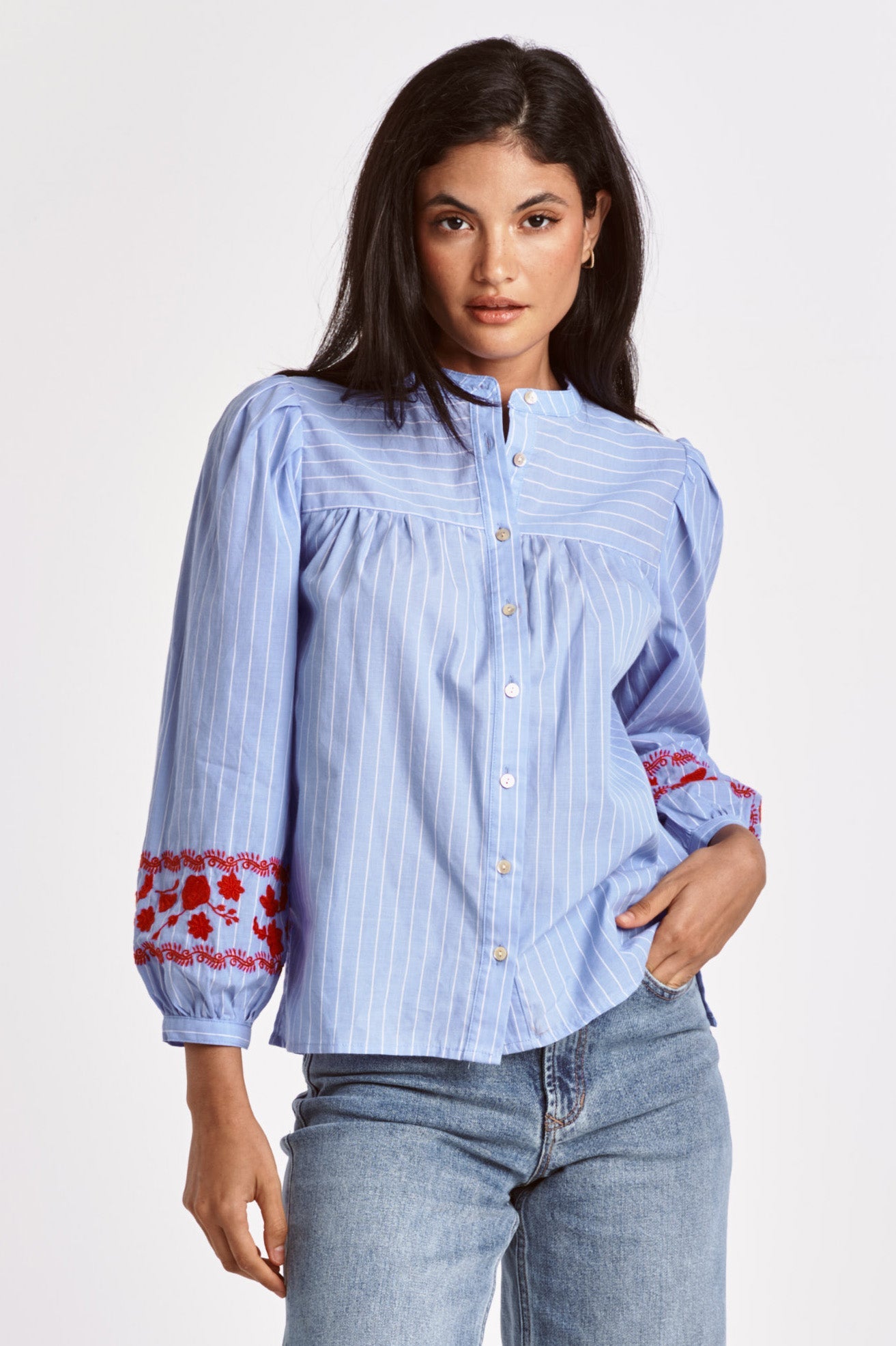 XANTHE EMBROIDERY DETAIL SHIRT RED PIN