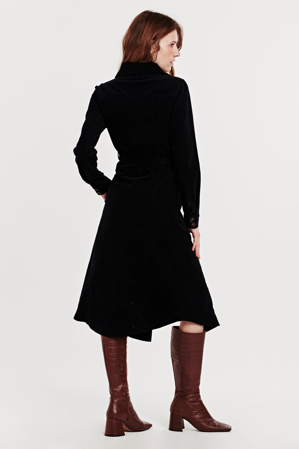 image of a female model wearing a GWEN BUTTON FRONT DRESS MIDNIGHT SKY CORDUROY DEAR JOHN DENIM 