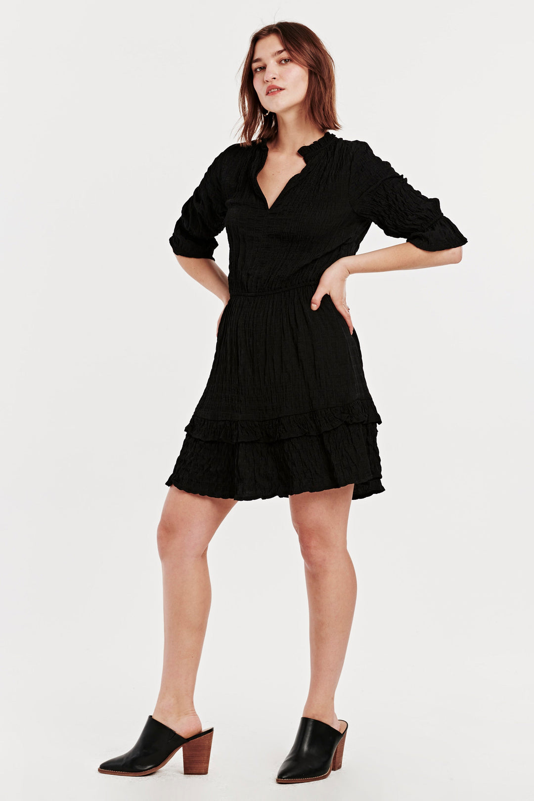 image of a female model wearing a JULIET RUFFLE DRESS BLACK DEAR JOHN DENIM 