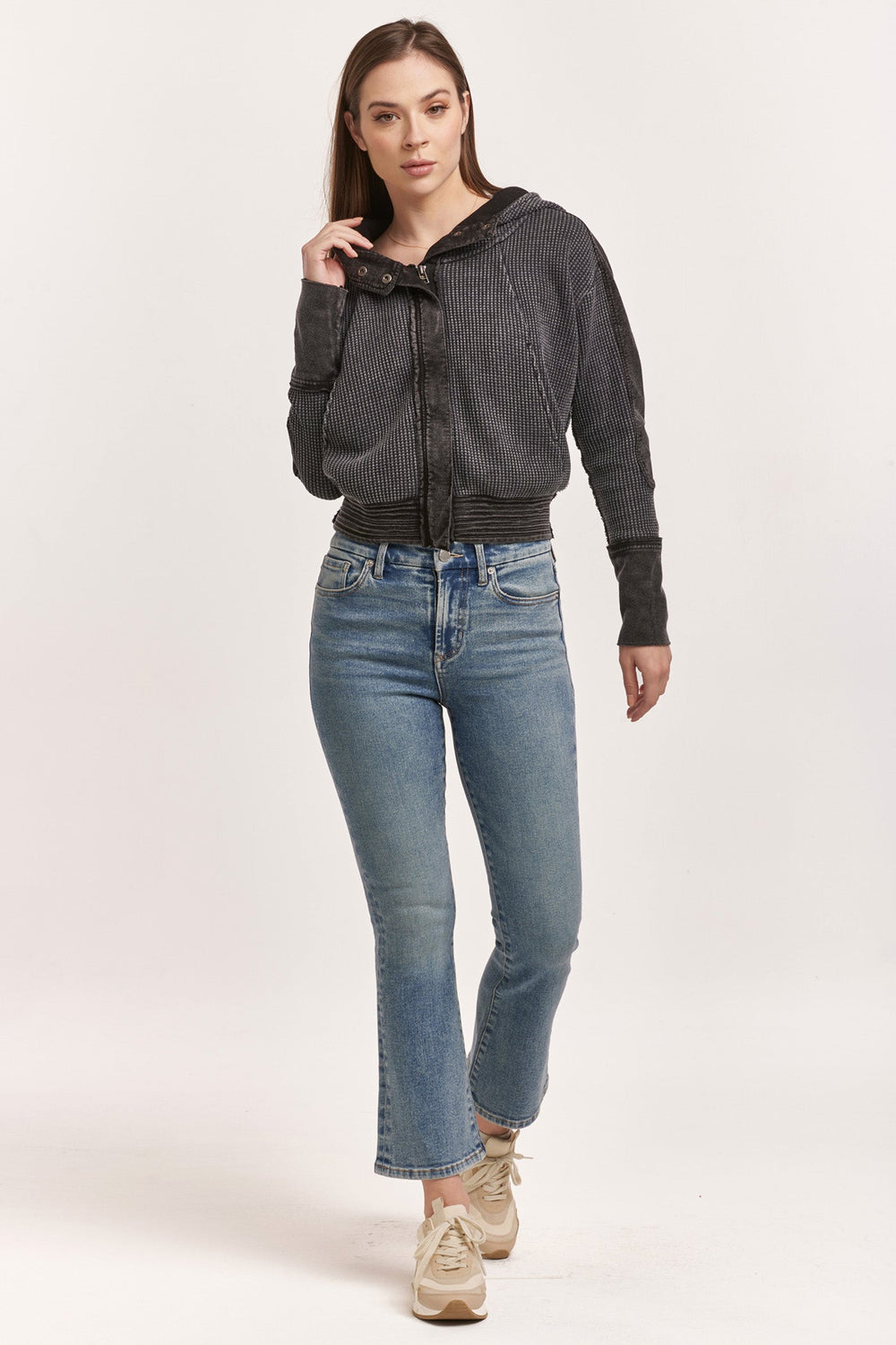 image of a female model wearing a CARLY ZIP UP LONG SLEEVE JACKET BLACK DEAR JOHN DENIM 