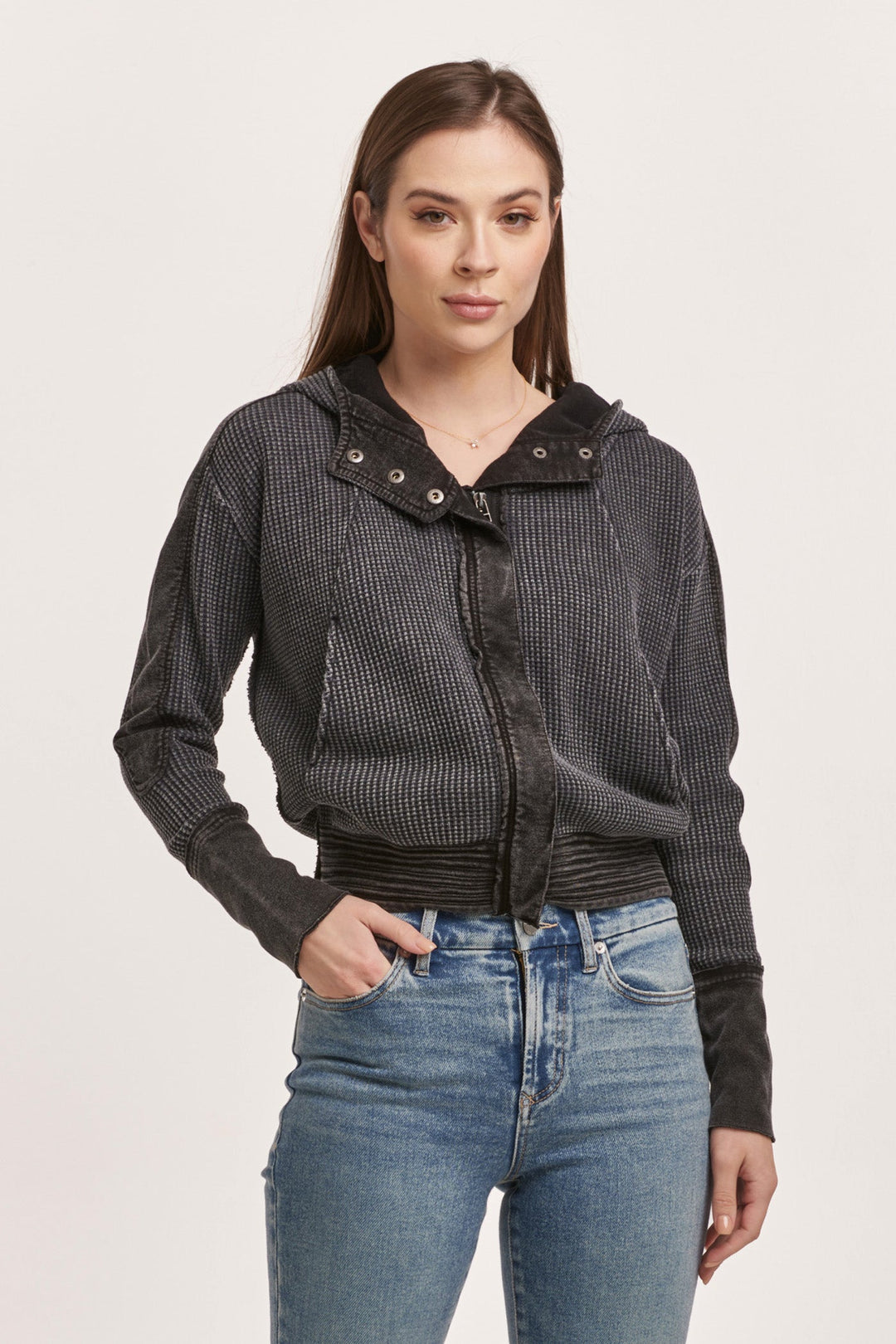 image of a female model wearing a CARLY ZIP UP LONG SLEEVE JACKET BLACK DEAR JOHN DENIM 