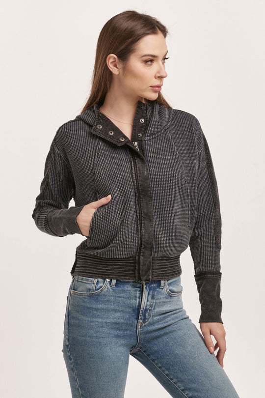 image of a female model wearing a CARLY ZIP UP LONG SLEEVE JACKET BLACK DEAR JOHN DENIM 