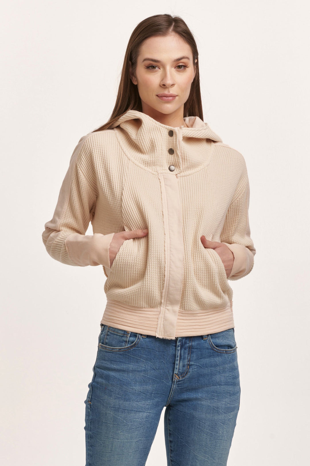 image of a female model wearing a CARLY ZIP UP LONG SLEEVE JACKET CREAM DEAR JOHN DENIM 