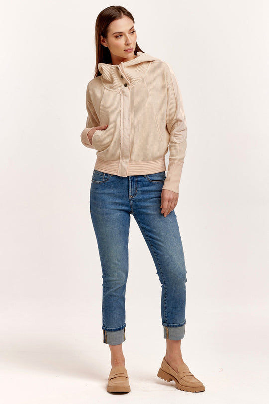 image of a female model wearing a CARLY ZIP UP LONG SLEEVE JACKET CREAM DEAR JOHN DENIM 