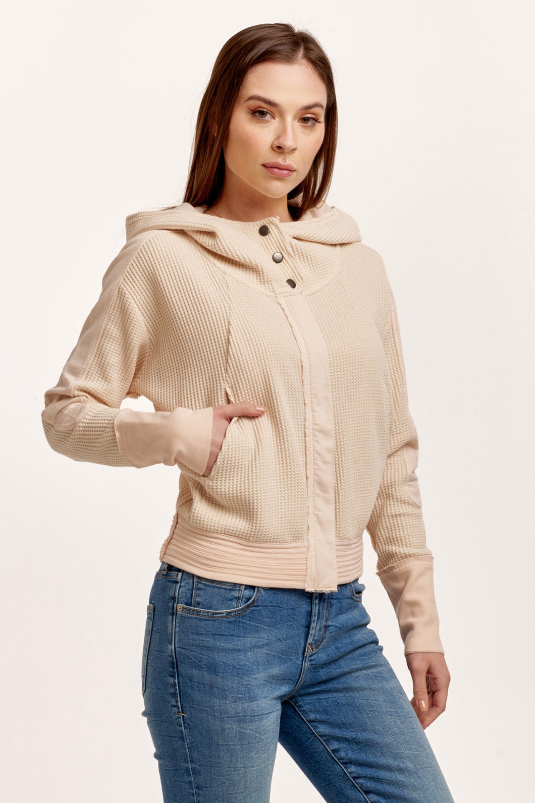 image of a female model wearing a CARLY ZIP UP LONG SLEEVE JACKET CREAM DEAR JOHN DENIM 