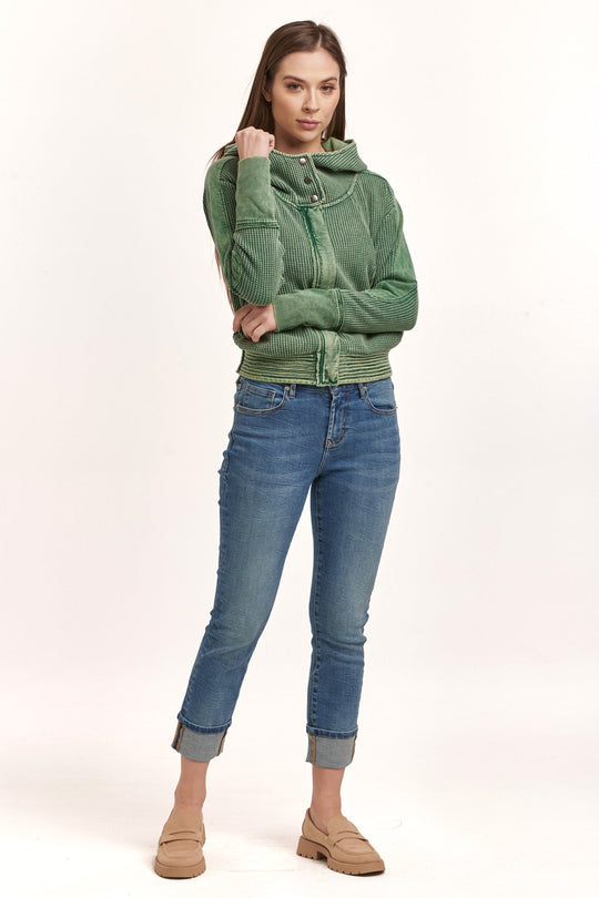 image of a female model wearing a CARLY ZIP UP LONG SLEEVE JACKET DARK MOSS DEAR JOHN DENIM 