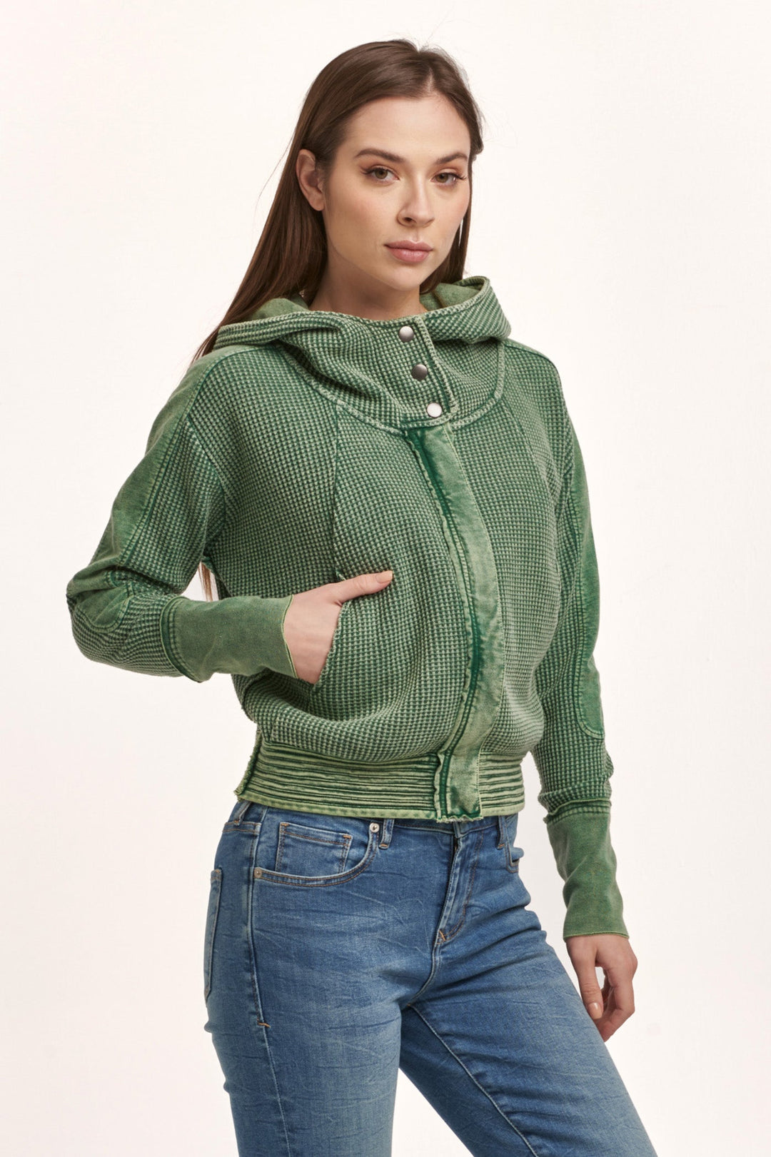 image of a female model wearing a CARLY ZIP UP LONG SLEEVE JACKET DARK MOSS DEAR JOHN DENIM 