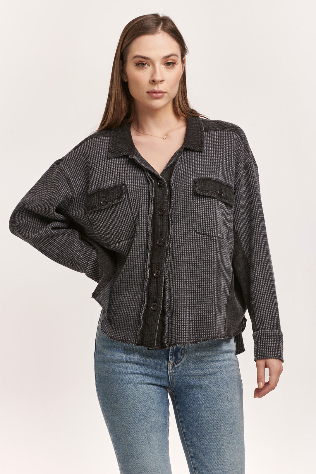 image of a female model wearing a FOSTER THERMAL SHIRT JACKET BLACK DEAR JOHN DENIM 