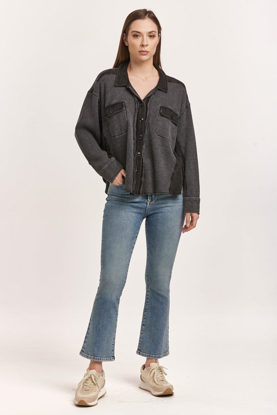 image of a female model wearing a FOSTER THERMAL SHIRT JACKET BLACK DEAR JOHN DENIM 