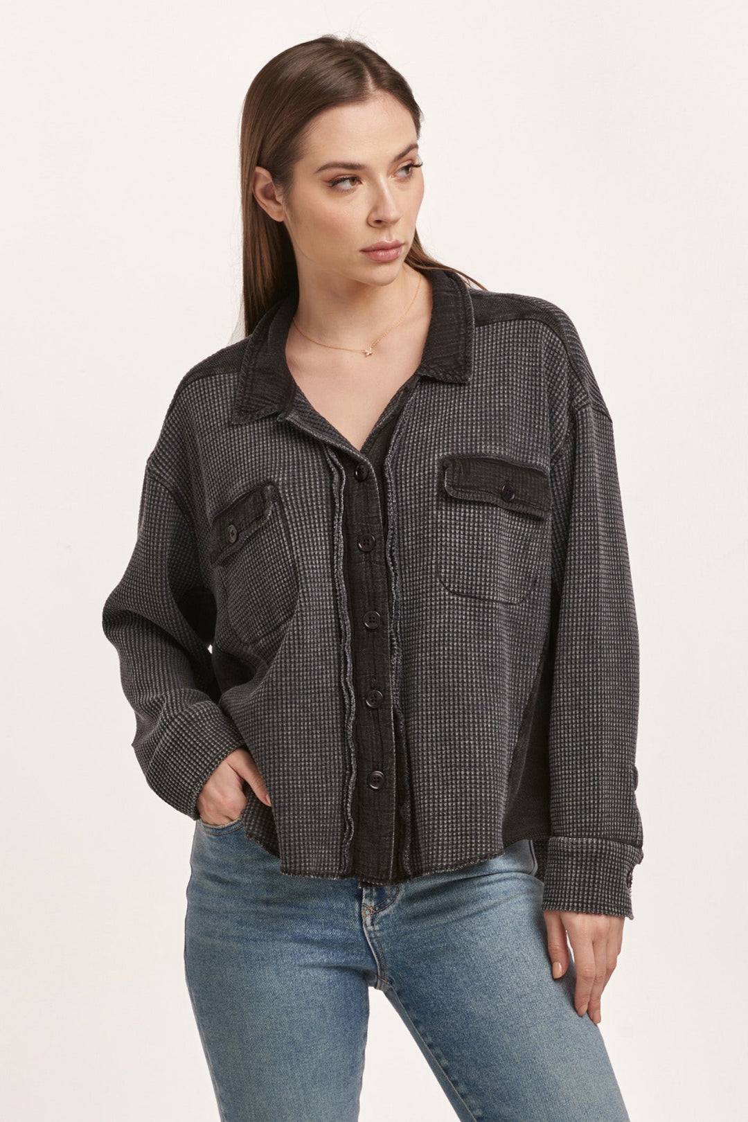 image of a female model wearing a FOSTER THERMAL SHIRT JACKET BLACK DEAR JOHN DENIM 