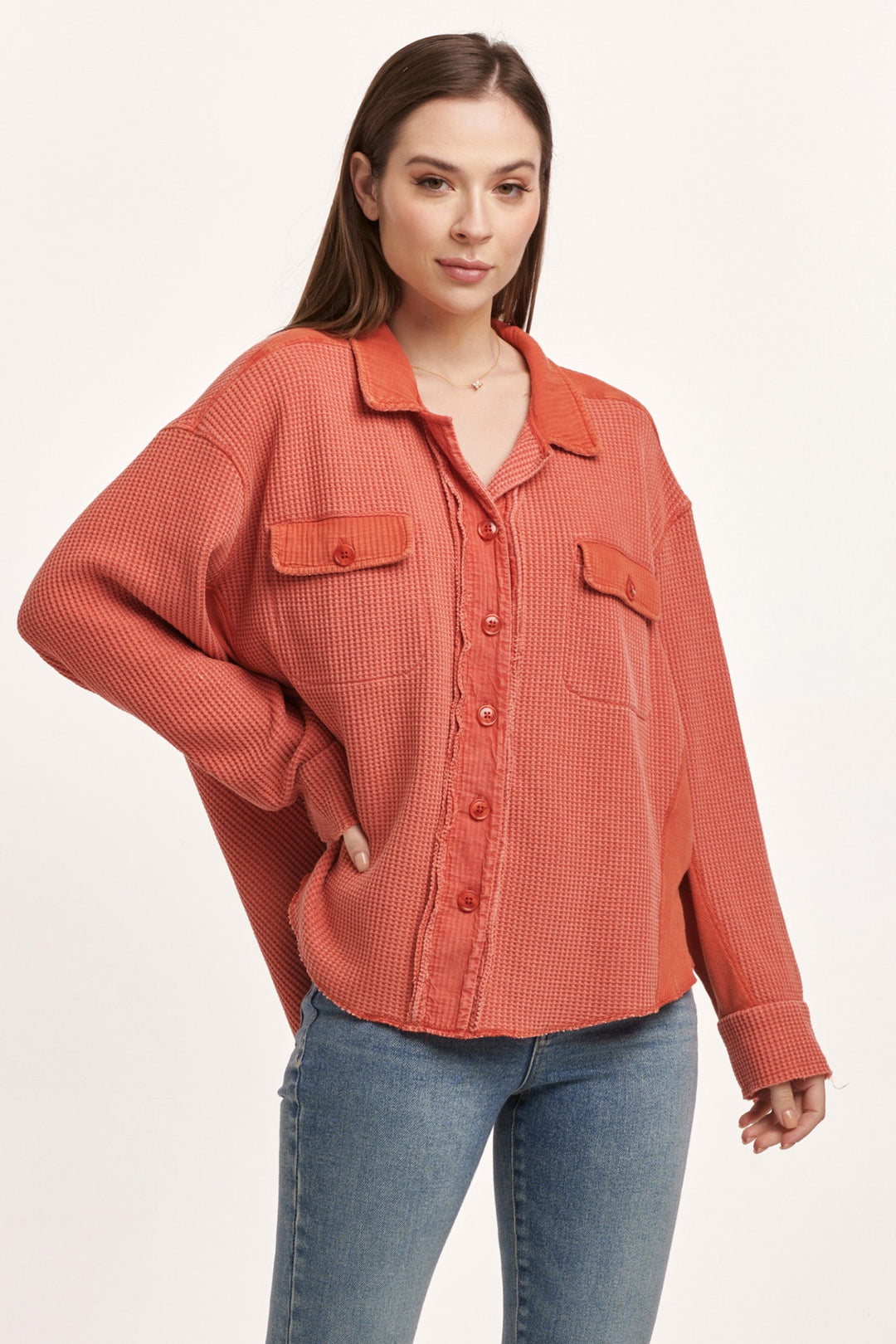 image of a female model wearing a FOSTER THERMAL SHIRT JACKET CRIMSON DEAR JOHN DENIM 