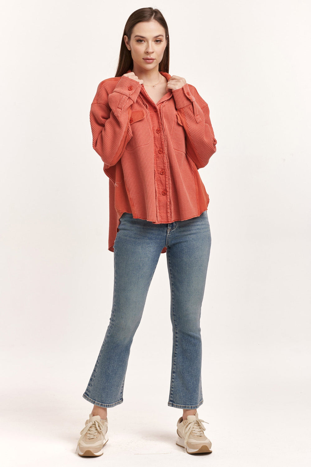 image of a female model wearing a FOSTER THERMAL SHIRT JACKET CRIMSON DEAR JOHN DENIM 