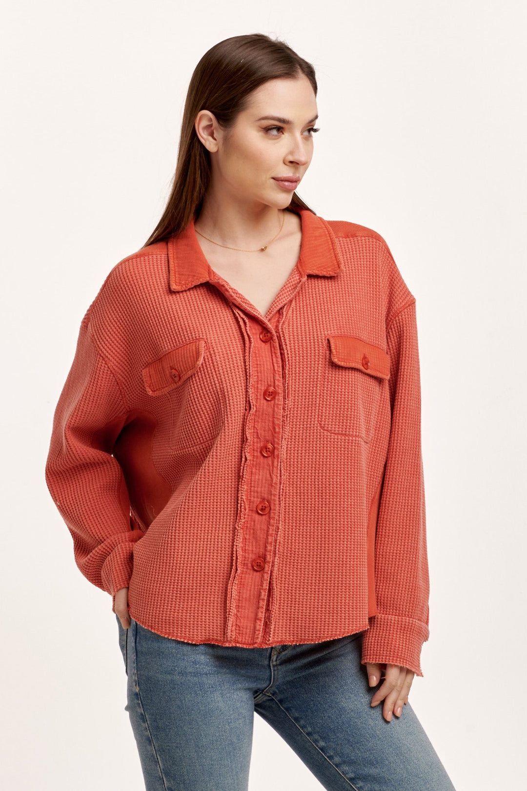 image of a female model wearing a FOSTER THERMAL SHIRT JACKET CRIMSON DEAR JOHN DENIM 