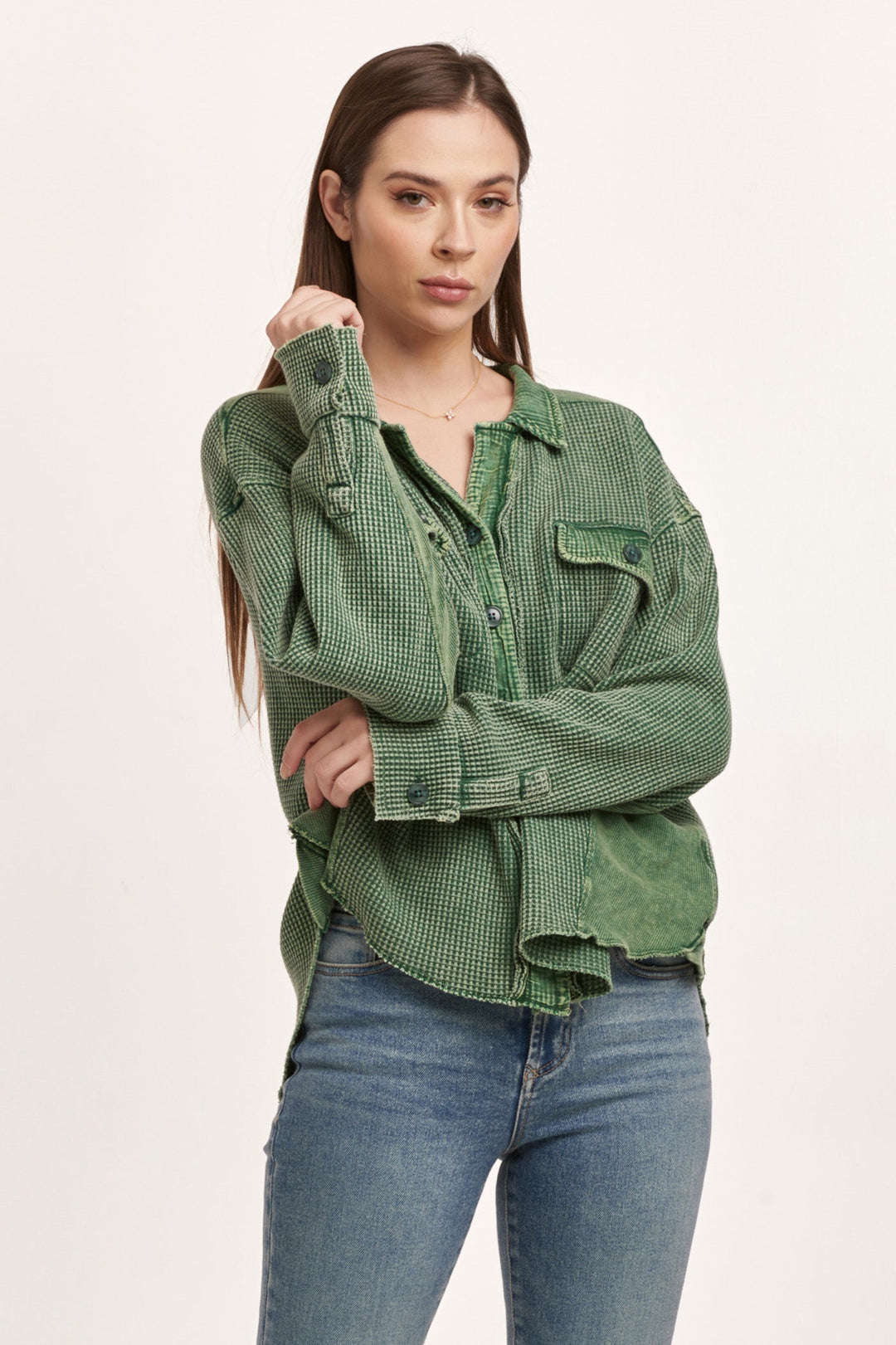 image of a female model wearing a FOSTER THERMAL SHIRT JACKET DARK MOSS DEAR JOHN DENIM 