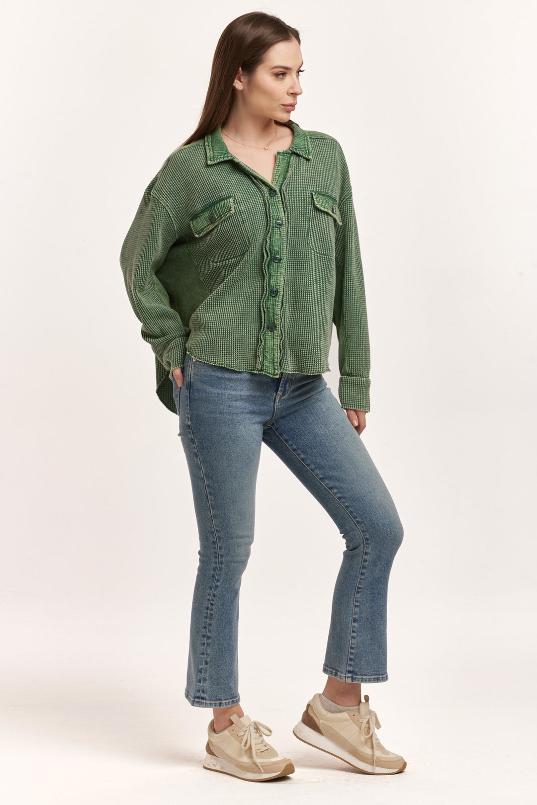 image of a female model wearing a FOSTER THERMAL SHIRT JACKET DARK MOSS DEAR JOHN DENIM 