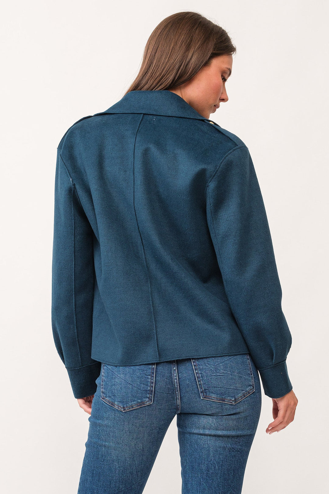 image of a female model wearing a VALENCIA COLLARED BUTTON DOWN RELAXED FIT JACKET DEEP TEAL DEAR JOHN DENIM 