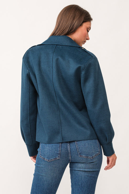 image of a female model wearing a VALENCIA COLLARED BUTTON DOWN RELAXED FIT JACKET DEEP TEAL DEAR JOHN DENIM 