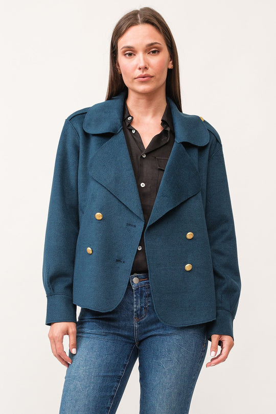 image of a female model wearing a VALENCIA COLLARED BUTTON DOWN RELAXED FIT JACKET DEEP TEAL DEAR JOHN DENIM 