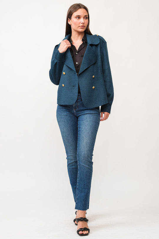 image of a female model wearing a VALENCIA COLLARED BUTTON DOWN RELAXED FIT JACKET DEEP TEAL DEAR JOHN DENIM 