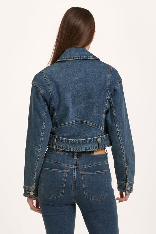 image of a female model wearing a JOHNNY MOTO DENIM JACKET NOTION DEAR JOHN DENIM 