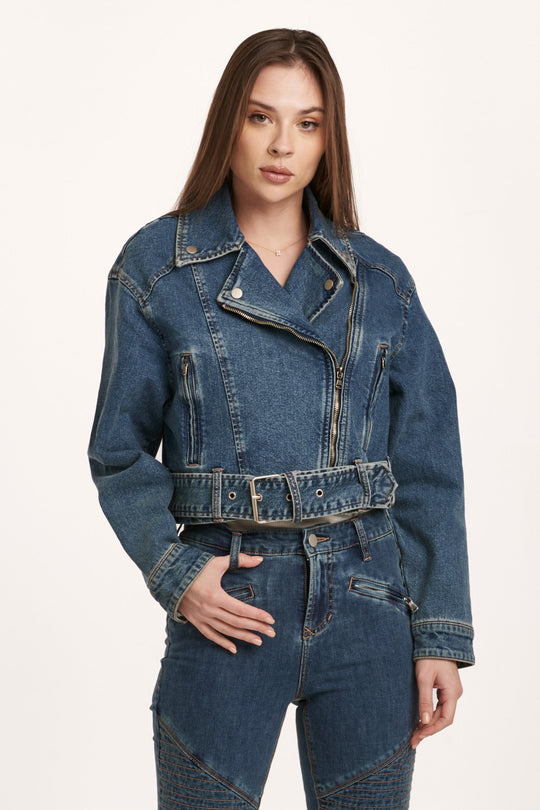 image of a female model wearing a JOHNNY MOTO DENIM JACKET NOTION DEAR JOHN DENIM 