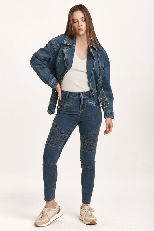 image of a female model wearing a JOHNNY MOTO DENIM JACKET NOTION DEAR JOHN DENIM 