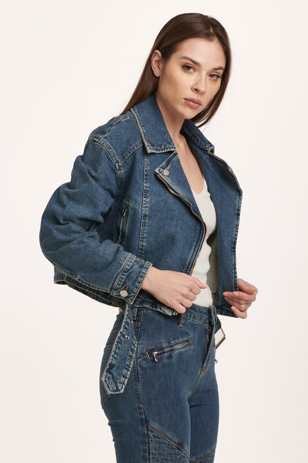 image of a female model wearing a JOHNNY MOTO DENIM JACKET NOTION DEAR JOHN DENIM 