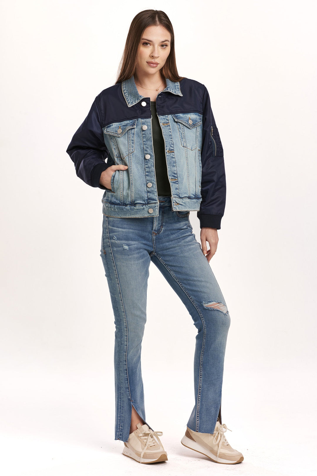 image of a female model wearing a CHARLY CONTRAST DENIM JACKET VICE DEAR JOHN DENIM 