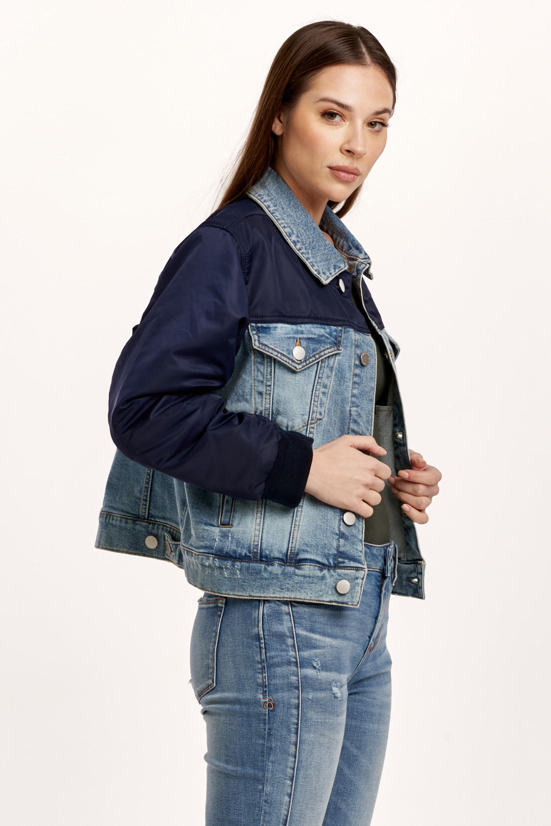 image of a female model wearing a CHARLY CONTRAST DENIM JACKET VICE DEAR JOHN DENIM 