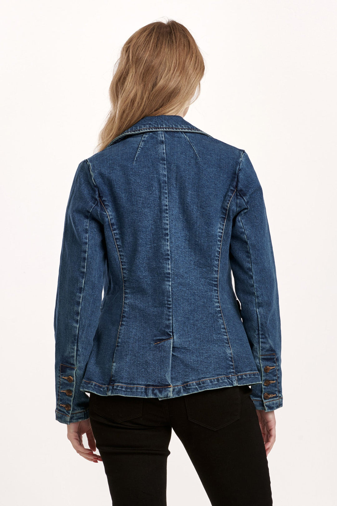 image of a female model wearing a MINAH DENIM BLAZER JACKET BLUE RIDGE DEAR JOHN DENIM 