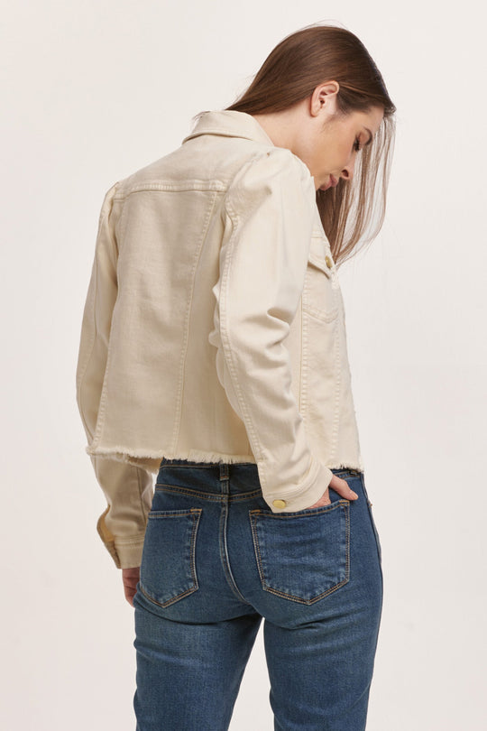 image of a female model wearing a ROSELYN CUT OFF JACKET WHEAT DEAR JOHN DENIM 