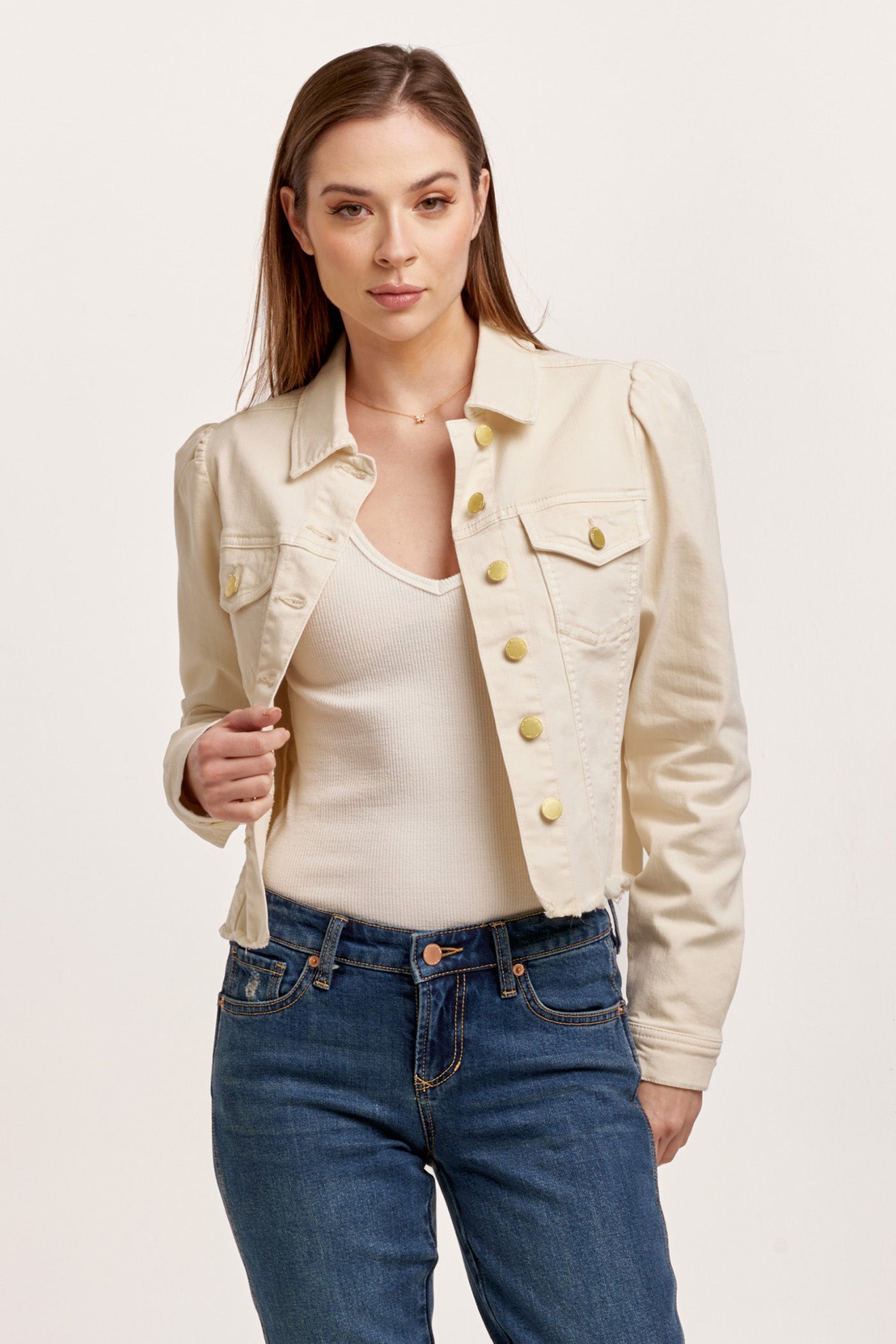 image of a female model wearing a ROSELYN CUT OFF JACKET WHEAT DEAR JOHN DENIM 