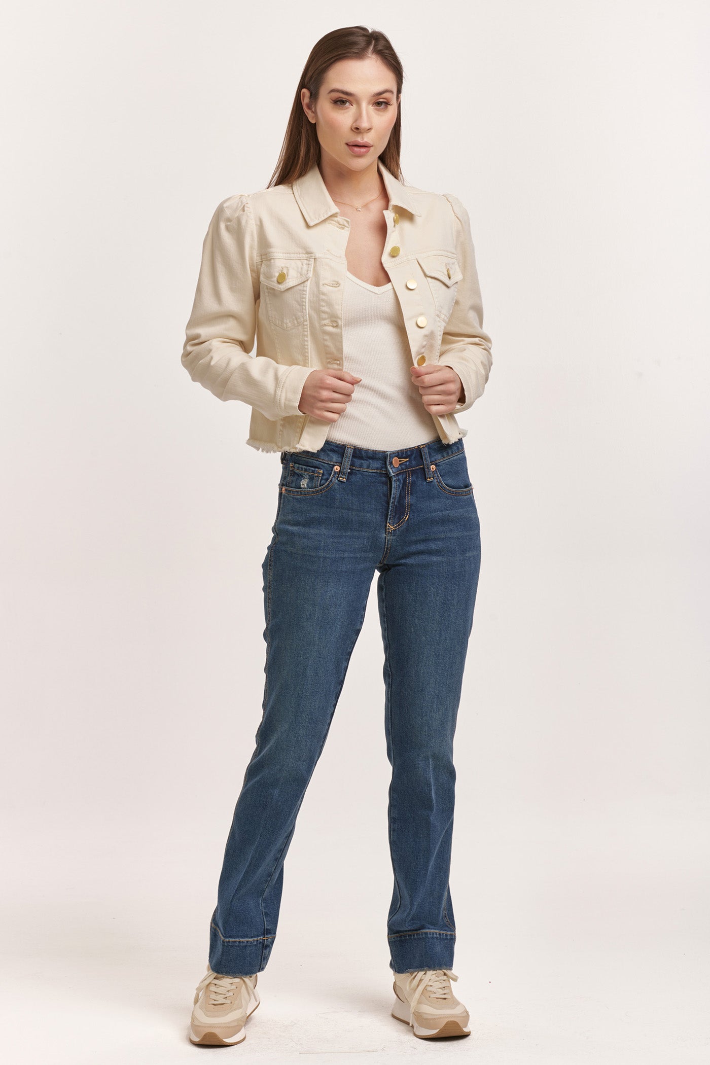 image of a female model wearing a ROSELYN CUT OFF JACKET WHEAT DEAR JOHN DENIM 