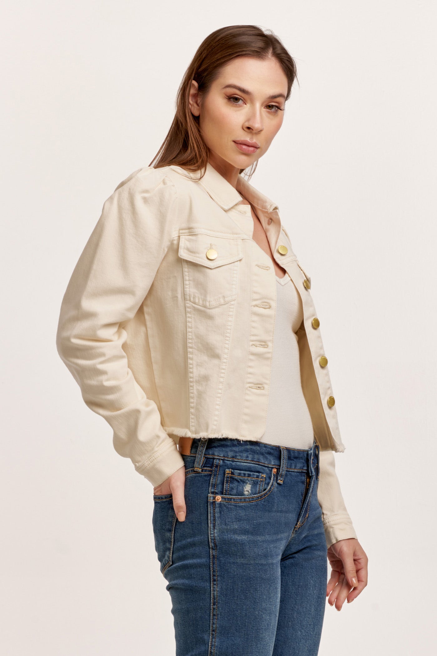 image of a female model wearing a ROSELYN CUT OFF JACKET WHEAT DEAR JOHN DENIM 