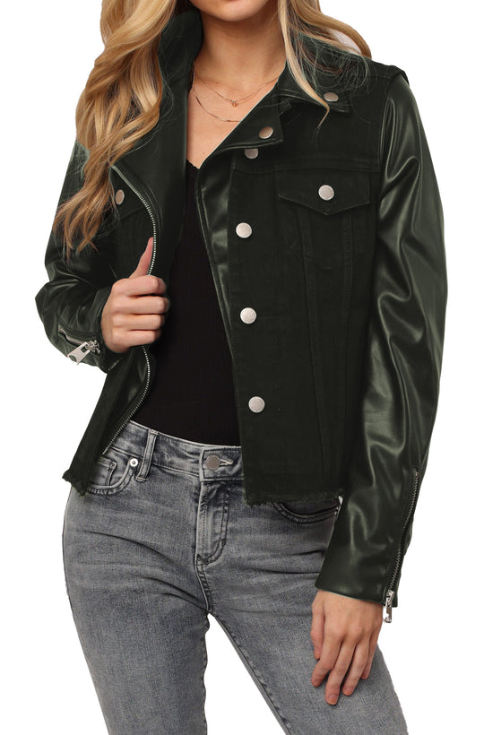 image of a female model wearing a EDEN FRAYED HEM JACKET OLIVE DEAR JOHN DENIM 