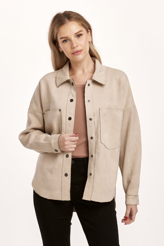 image of a female model wearing a GINA SUEDE SHIRT JACKET FOAM CREAM DEAR JOHN DENIM 