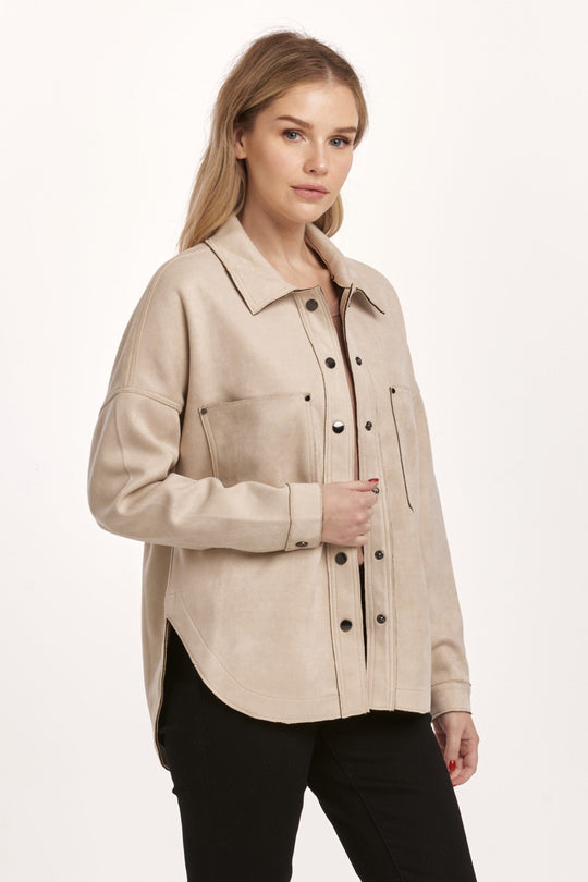 image of a female model wearing a GINA SUEDE SHIRT JACKET FOAM CREAM DEAR JOHN DENIM 