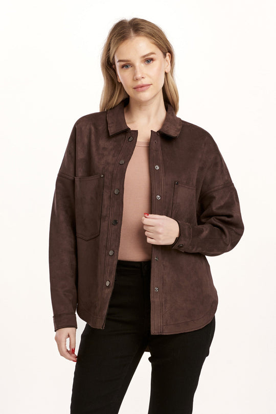 image of a female model wearing a GINA SUEDE SHIRT JACKET GROUND COFFEE DEAR JOHN DENIM 