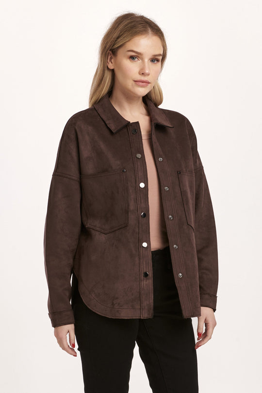 image of a female model wearing a GINA SUEDE SHIRT JACKET GROUND COFFEE DEAR JOHN DENIM 