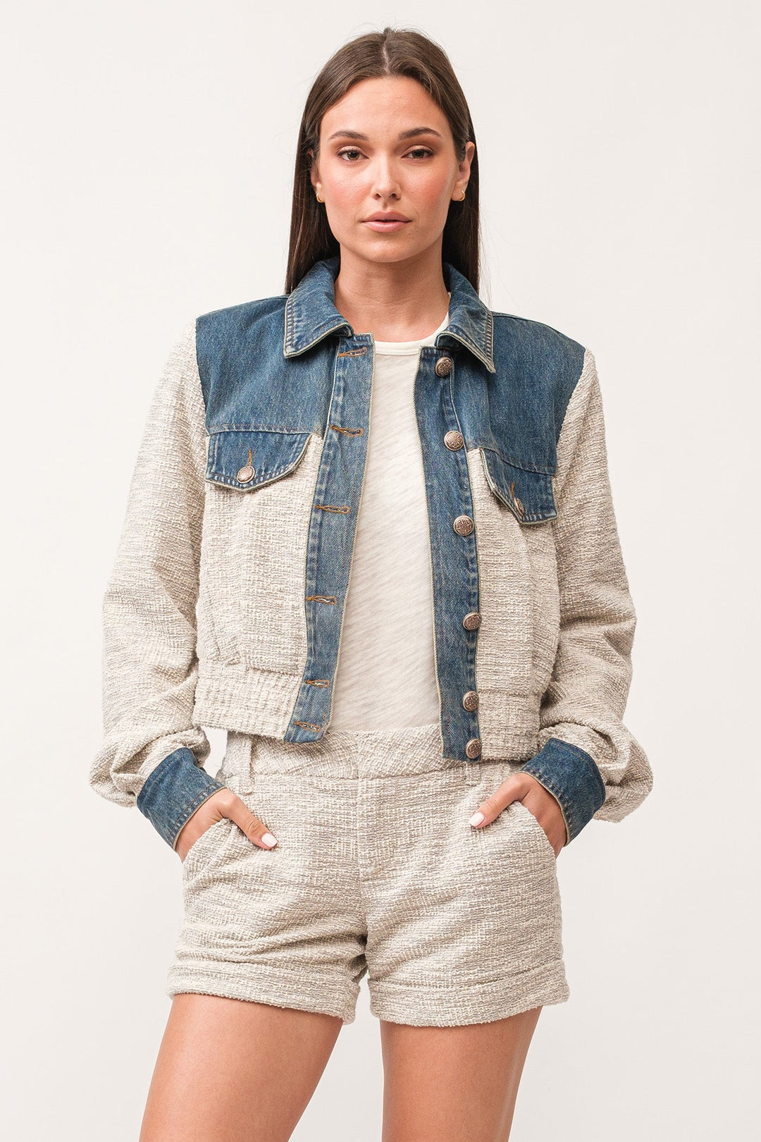 image of a female model wearing a CHELSEE BOXY DENIM CONTRAST JACKET CONFETTI DEAR JOHN DENIM 