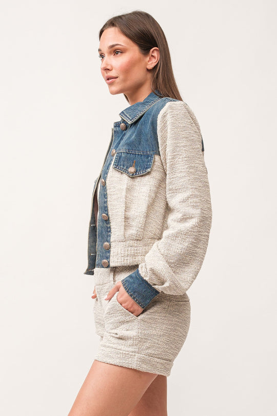 image of a female model wearing a CHELSEE BOXY DENIM CONTRAST JACKET CONFETTI DEAR JOHN DENIM 