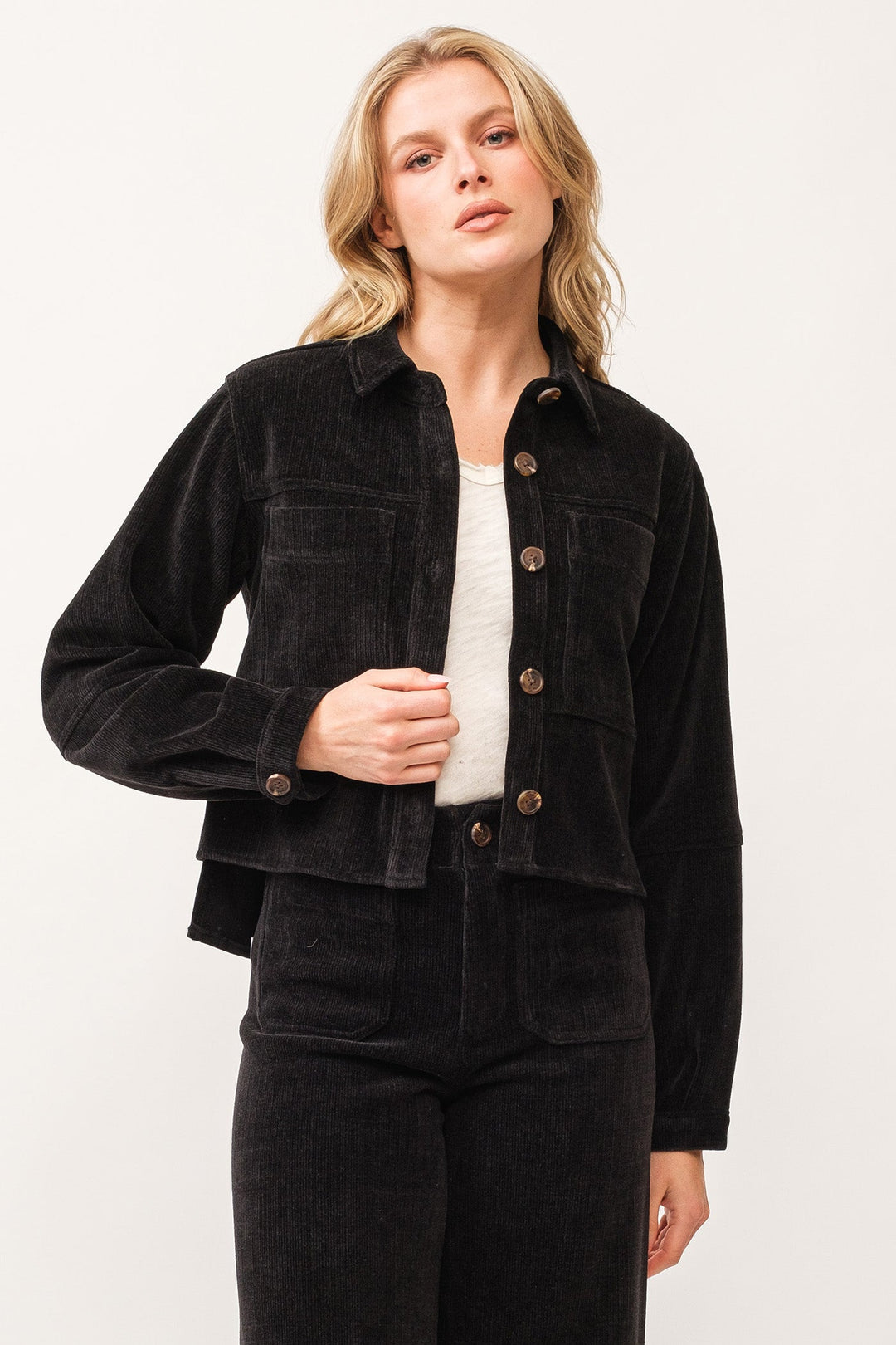 image of a female model wearing a GINA CROPPED SHIRT JACKET BLACK CHENILLE DEAR JOHN DENIM 