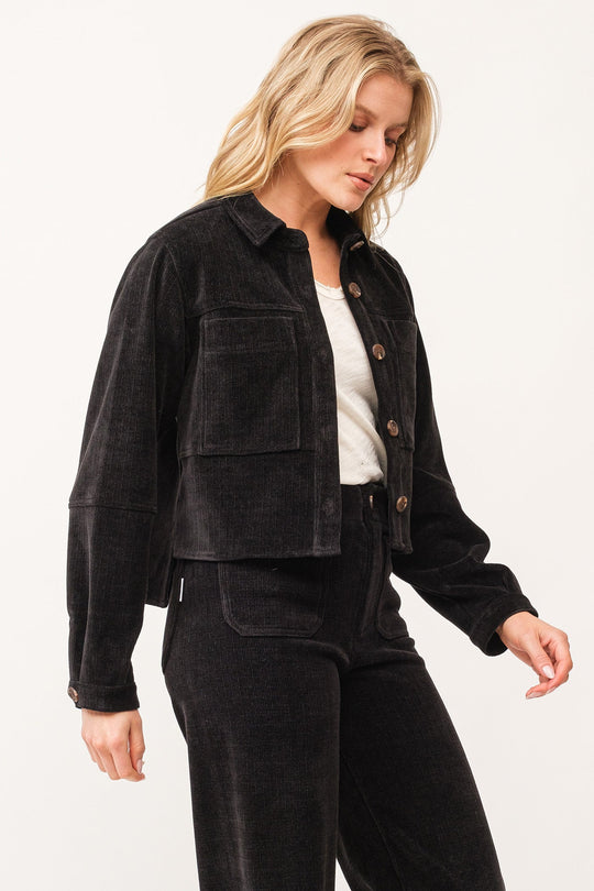 image of a female model wearing a GINA CROPPED SHIRT JACKET BLACK CHENILLE DEAR JOHN DENIM 